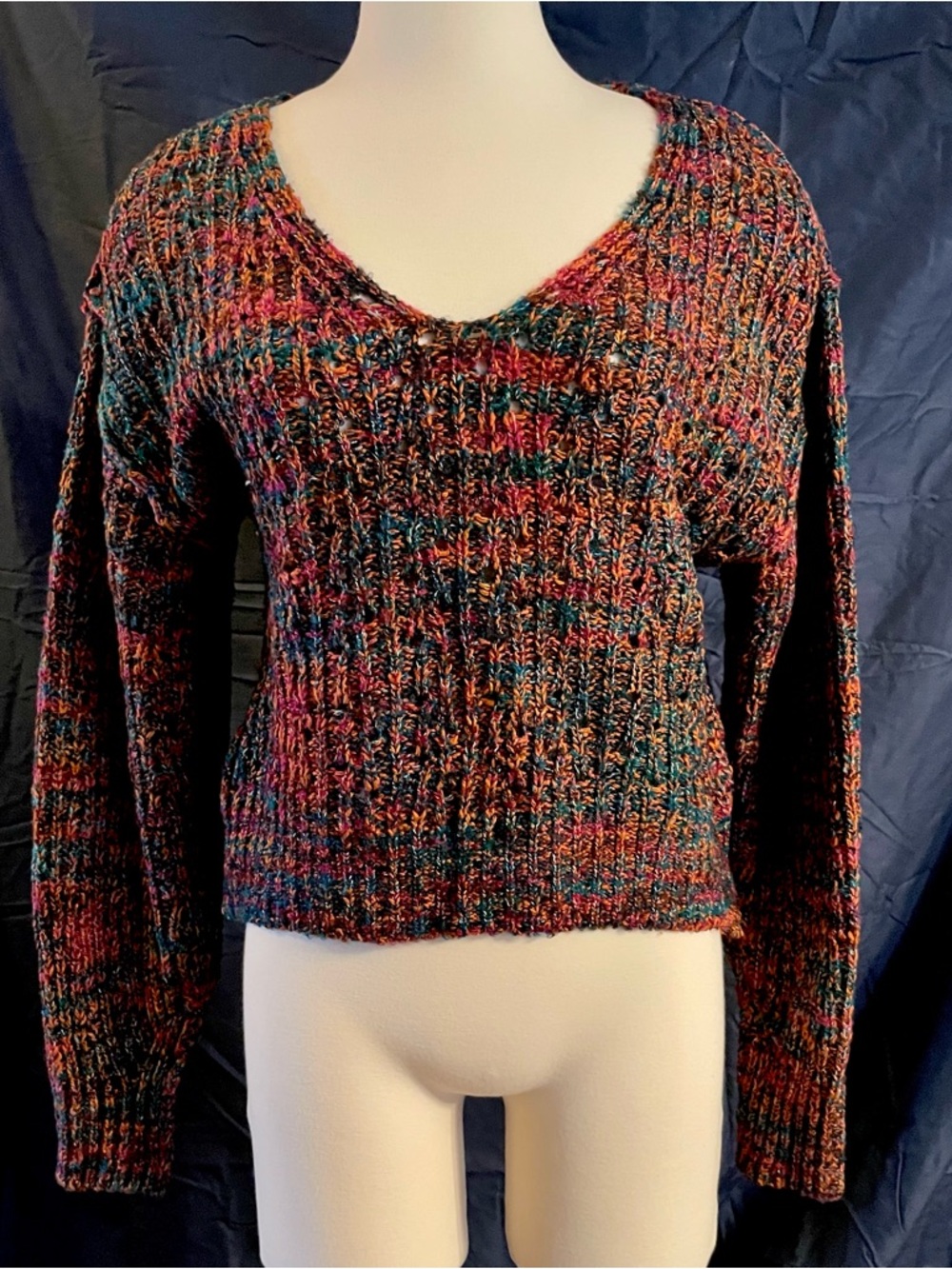 Free People Multicolor V-Neck Knit Sweater with Teal, Orange & Pink Accents